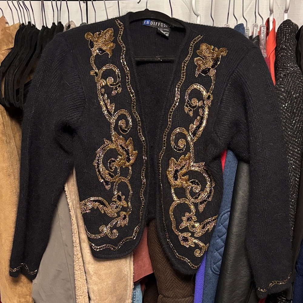 1990’s IB Diffusion Black Cardigan with Intricate Gold Beaded Embroidery